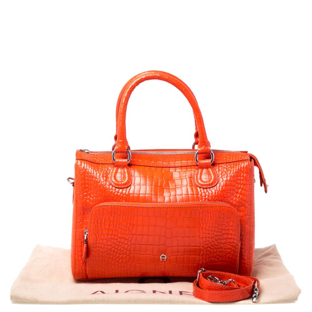 Women's Aigner Orange Croc Embossed Leather Front Pocket Zip Shoulder Bag