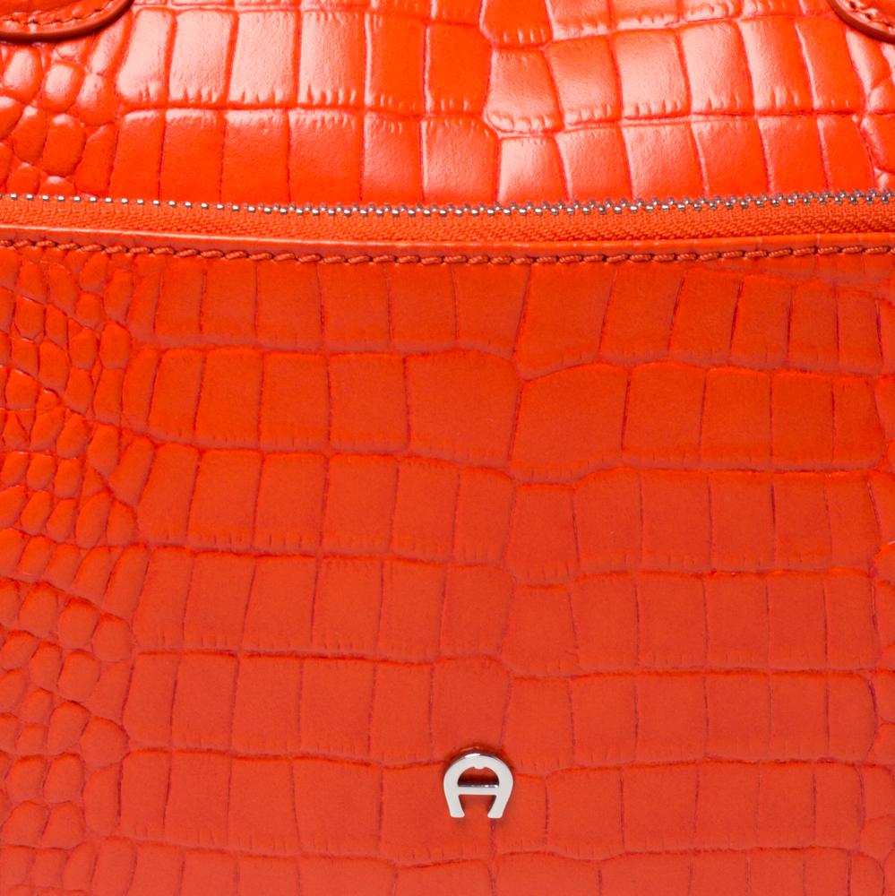 Aigner Orange Croc Embossed Leather Front Pocket Zip Shoulder Bag 1