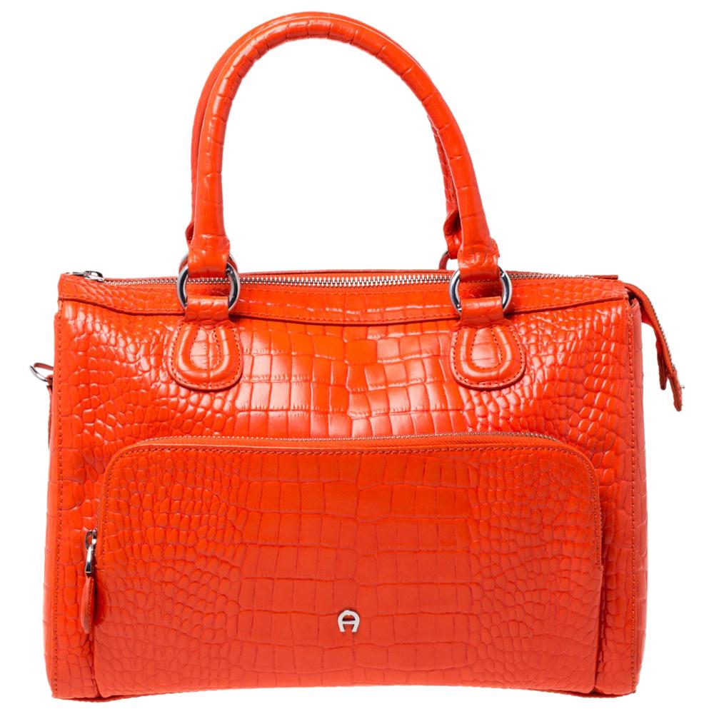 Aigner Orange Croc Embossed Leather Front Pocket Zip Shoulder Bag