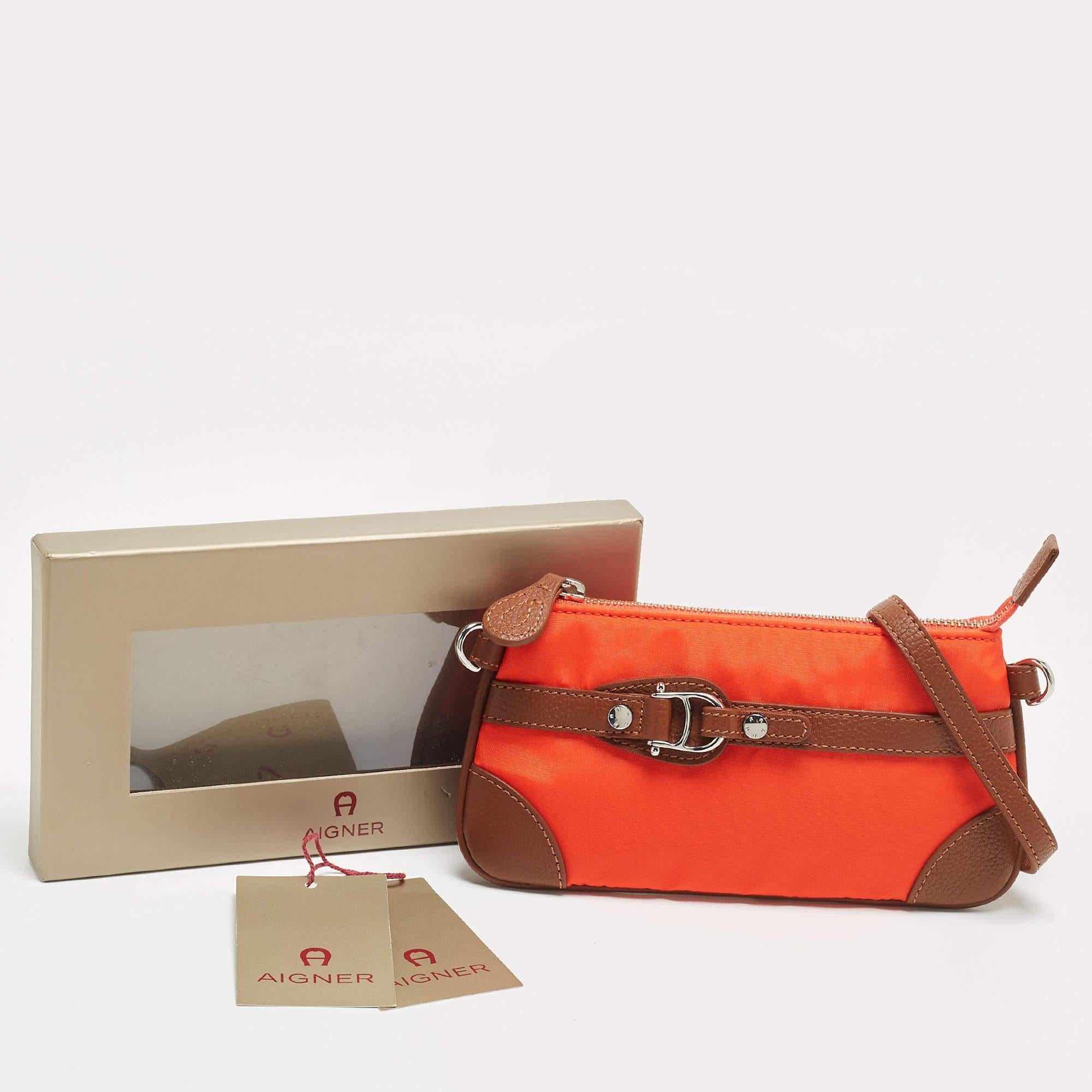 Women's Aigner Orange/Tan Nylon and Leather Buckle Baguette Bag