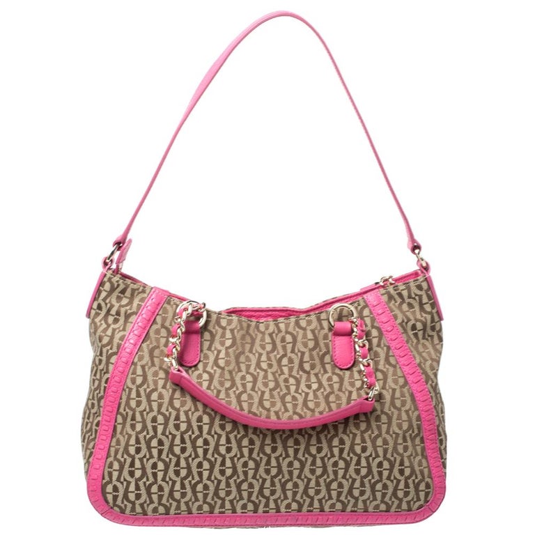 Aigner Pink Beige Signature Canvas And Leather Tassel Shoulder Bag Aigner Pink Beige Signature Canvas And