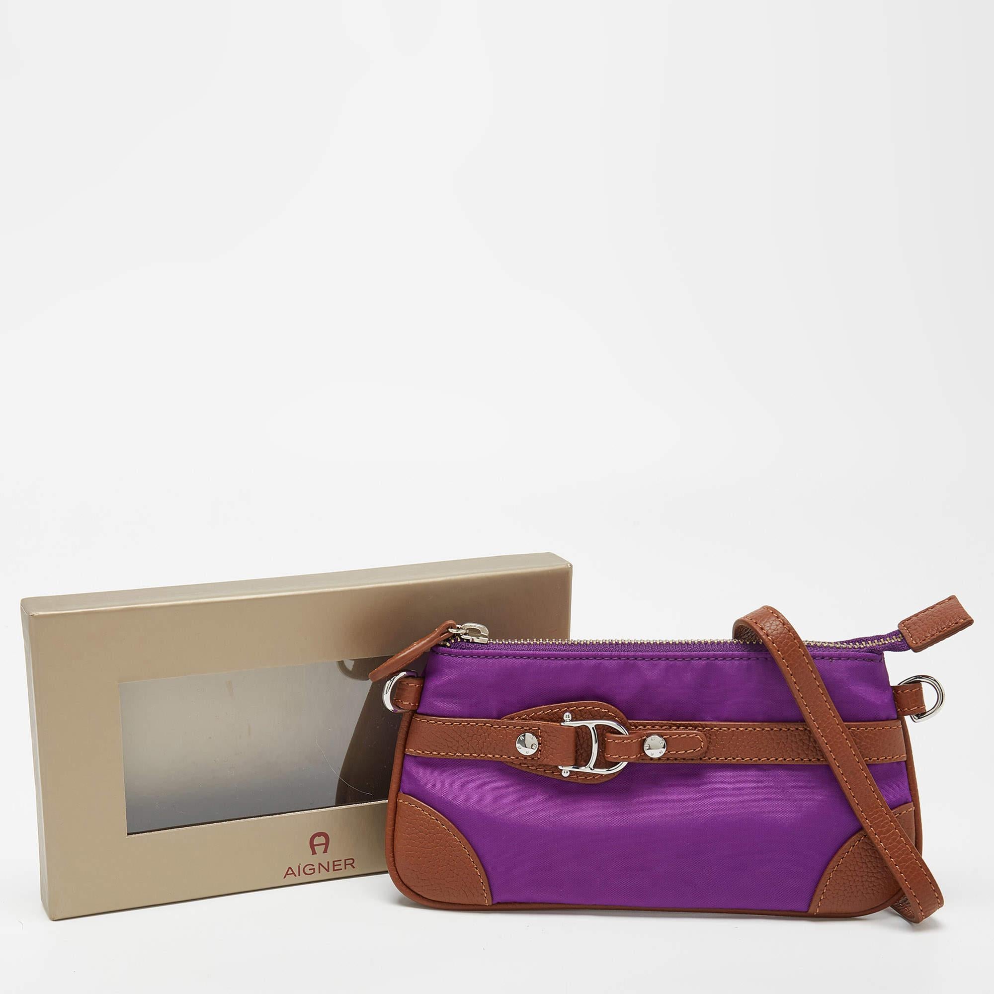 Aigner Purple/Brown Nylon and Leather Buckle Clutch Bag For Sale 2