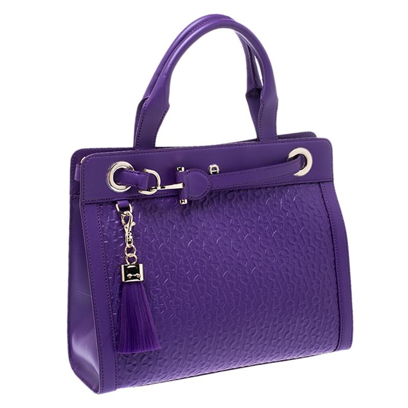 Women's Aigner Purple Logo Embossed Leather Cavallina Tote