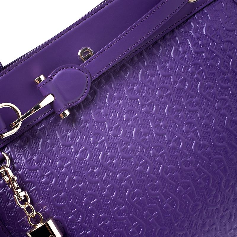 Aigner Purple Logo Embossed Leather Cavallina Tote 2