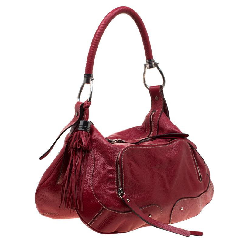 Aigner Red Leather Tassels Hobo In Good Condition In Dubai, Al Qouz 2