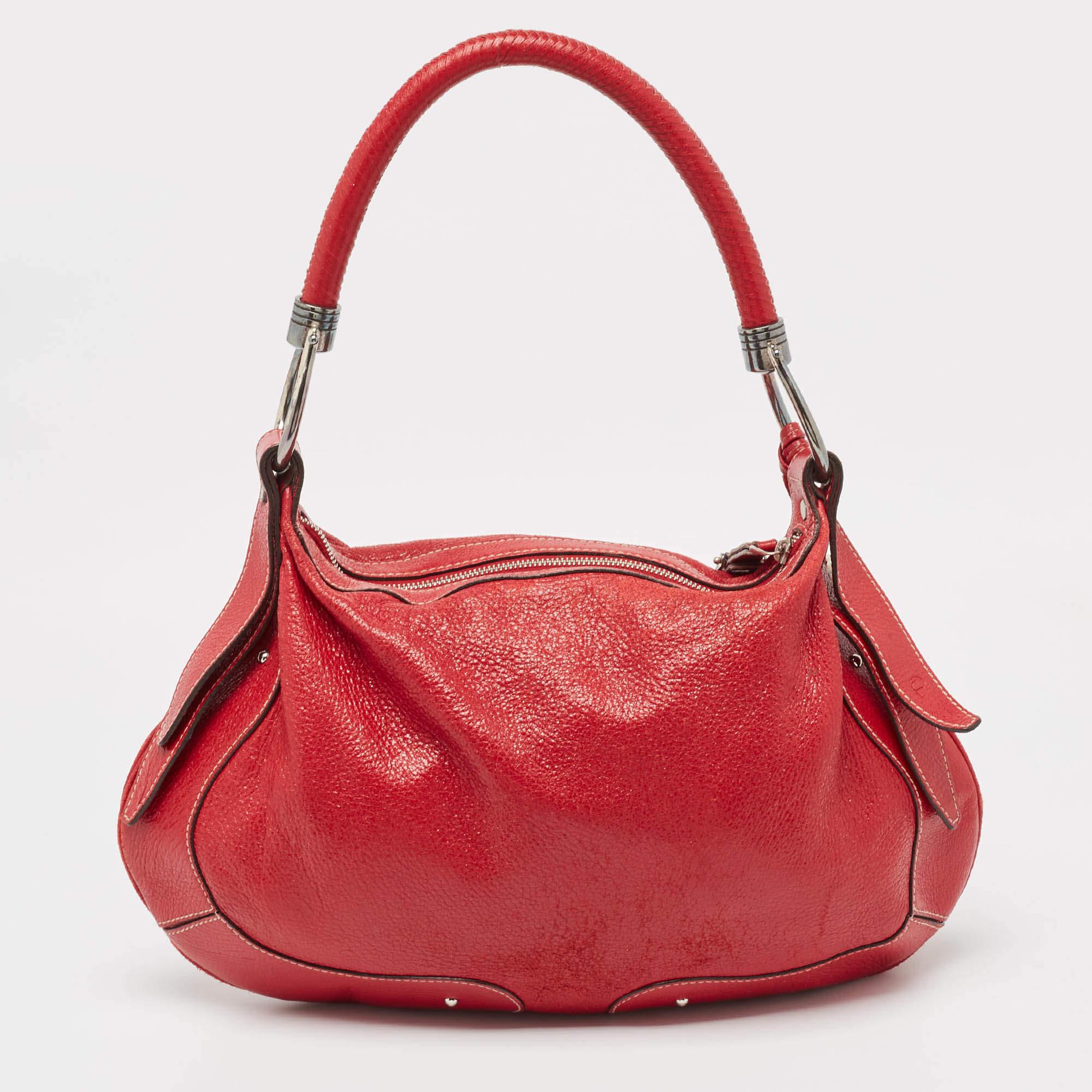 Women's Aigner Red Shimer Leather Tassel Pocket Hobo For Sale