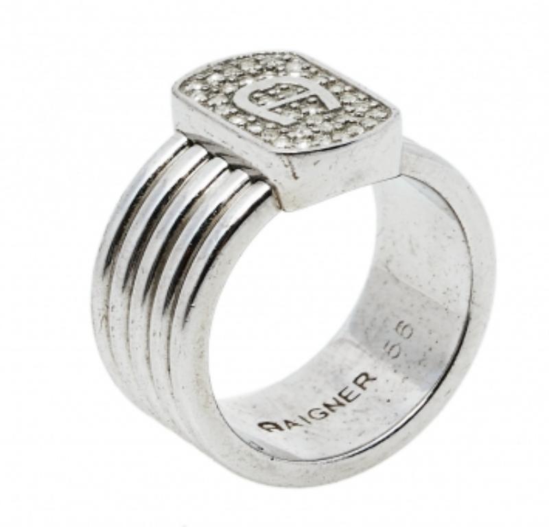 Aigner Silver Tone Crystal Logo Band Ring Size EU 56 In Fair Condition For Sale In Dubai, Al Qouz 2
