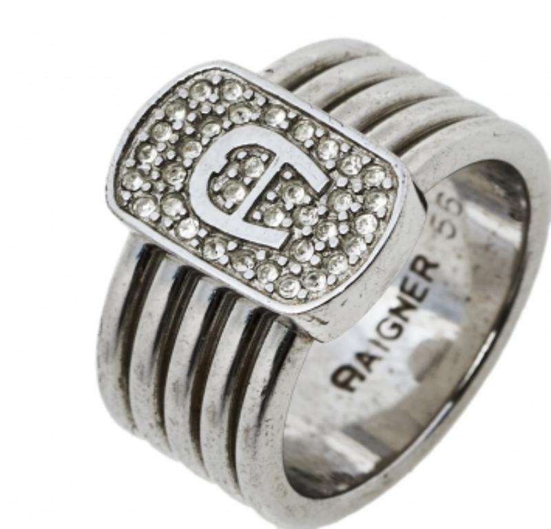 Women's Aigner Silver Tone Crystal Logo Band Ring Size EU 56 For Sale