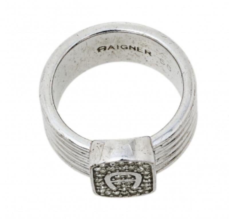 Aigner Silver Tone Crystal Logo Band Ring Size EU 56 For Sale 1