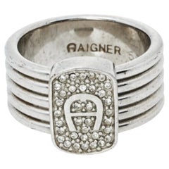 Aigner Silver Tone Crystal Logo Band Ring Size EU 56