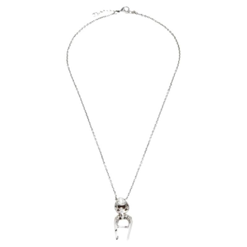 Aigner Silver Tone Crystal Logo Drop Pendant Necklace