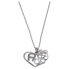Aigner Silver Tone Crystal Logo Heart Pendant Necklace