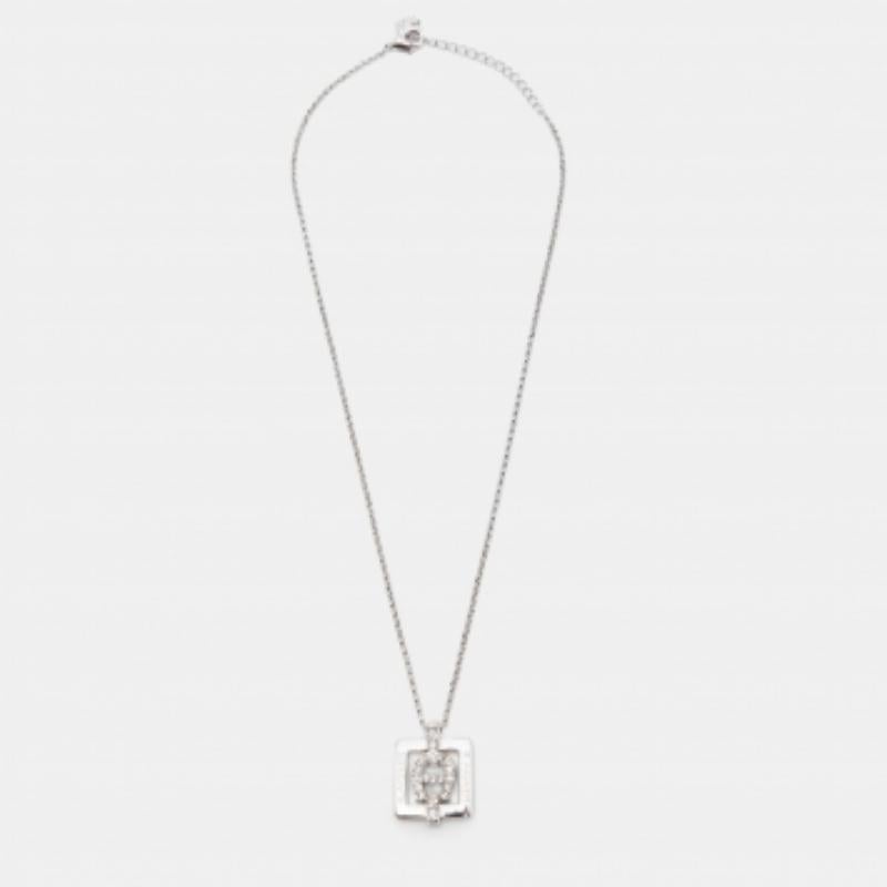 Aigner Silver Tone Square Crystal Logo Pendant Necklace In Good Condition For Sale In Dubai, Al Qouz 2