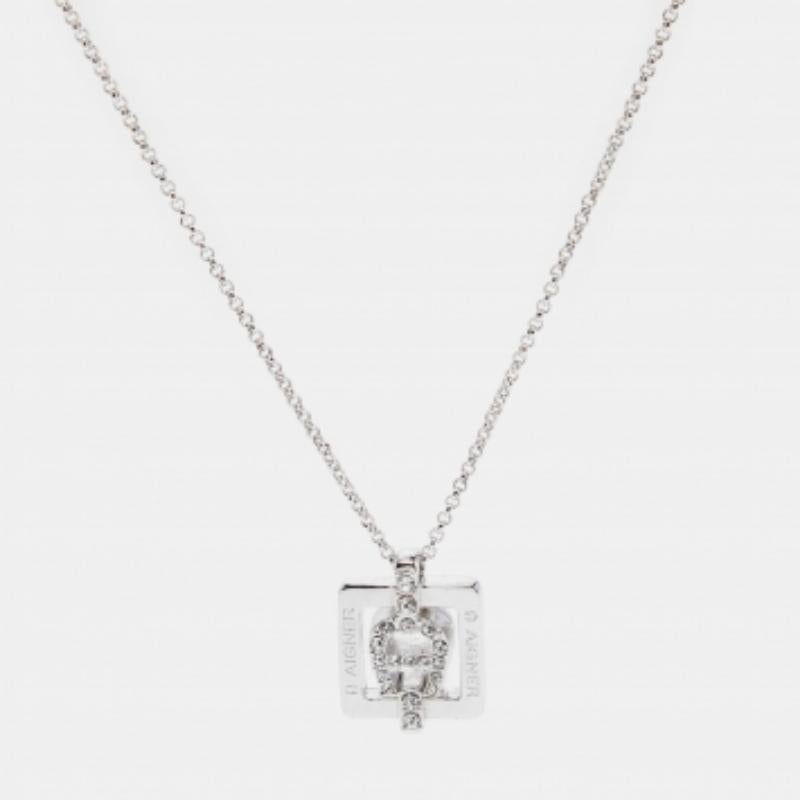 Women's Aigner Silver Tone Square Crystal Logo Pendant Necklace For Sale