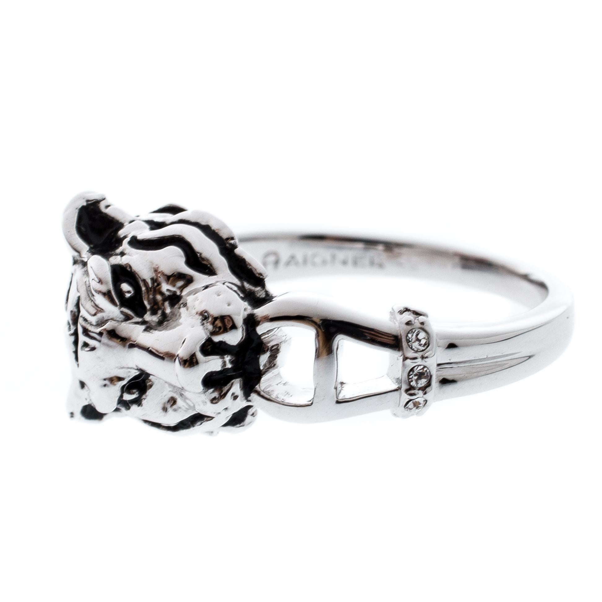 Aigner Silver Tone Tiger Head Crystal Studded Ring Size 56 For Sale at  1stDibs | aigner ring, aigner silver ring