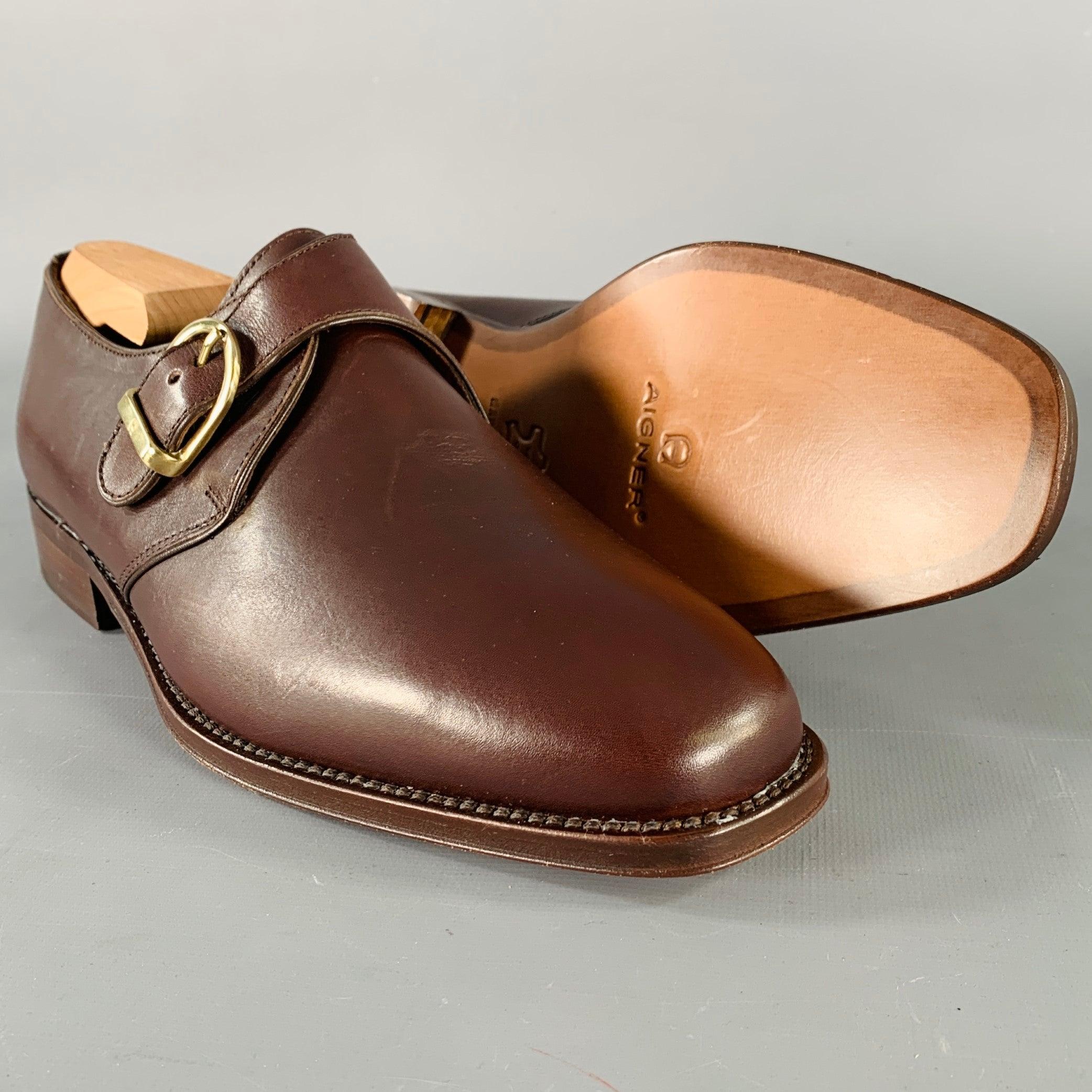 AIGNER Size 9.5 Brown Leather Monk Strap Loafers Shoes For Sale 1