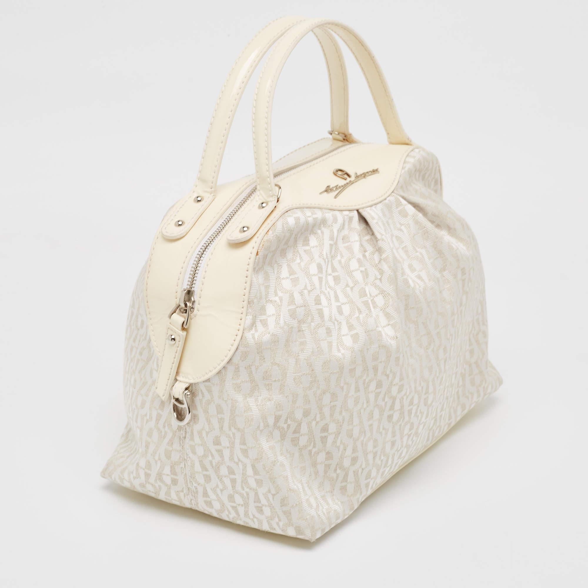 Beige Aigner White/Cream Monogram Canvas and Patent Leather Logo Satchel For Sale