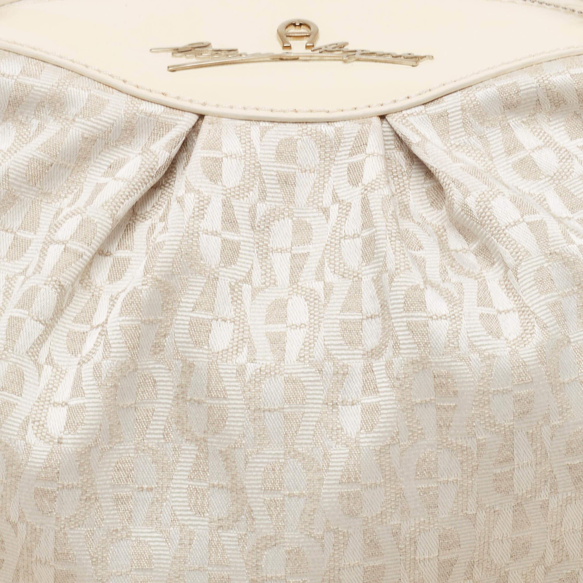 Women's Aigner White/Cream Monogram Canvas and Patent Leather Logo Satchel For Sale