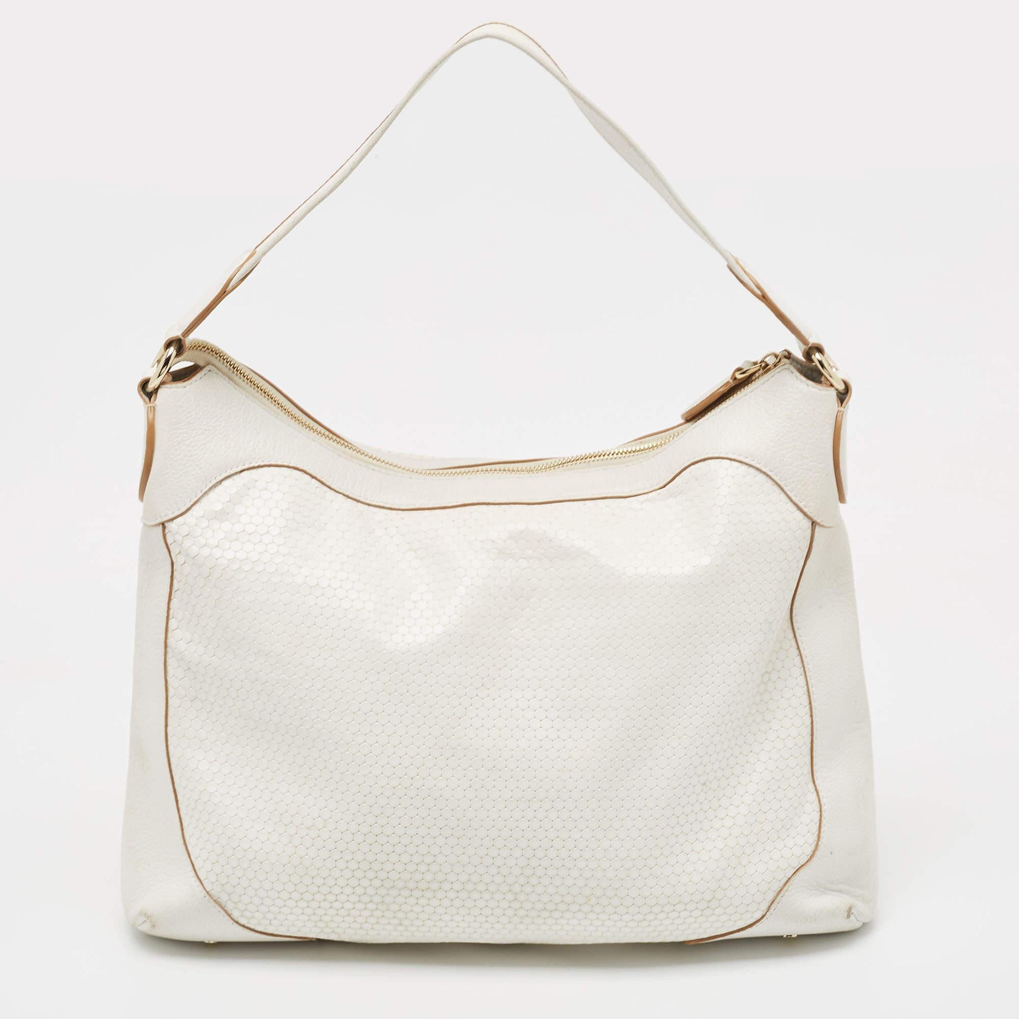 Women's Aigner White Embossed Leather Zip Hobo For Sale