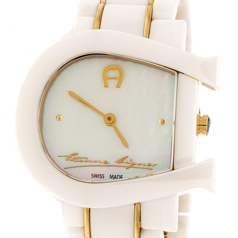 Aigner White Mother of Pearl Two Tone Stainless Steel Ceramic  Wristwatch 33 mm 2