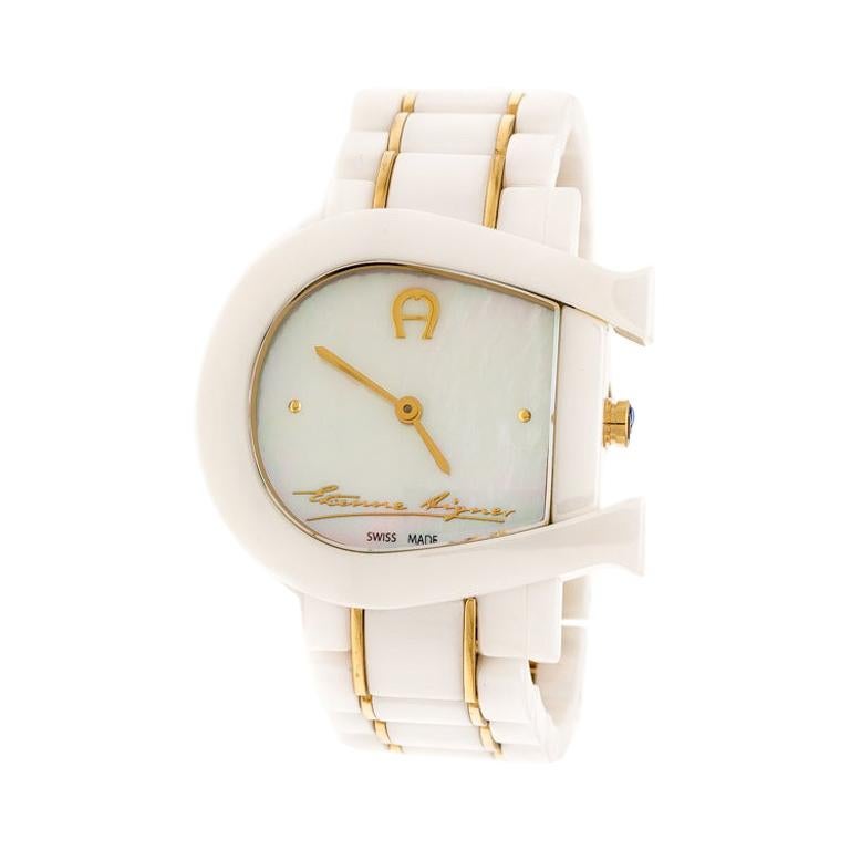 Aigner White Mother of Pearl Two Tone Stainless Steel Ceramic  Wristwatch 33 mm