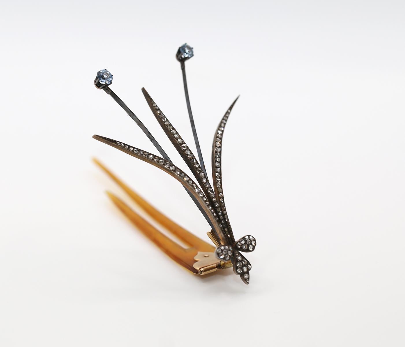 Aigrette Lily Comb Victorian Trembling Sapphires Old-cut Diamonds, 1880 In Fair Condition For Sale In Herzelia, Tel Aviv