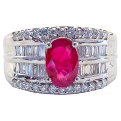 AIGS Anillo en racimo de oro blanco de 18 quilates con rubí oval de 1,26 ct y diamante de 0,74 ct