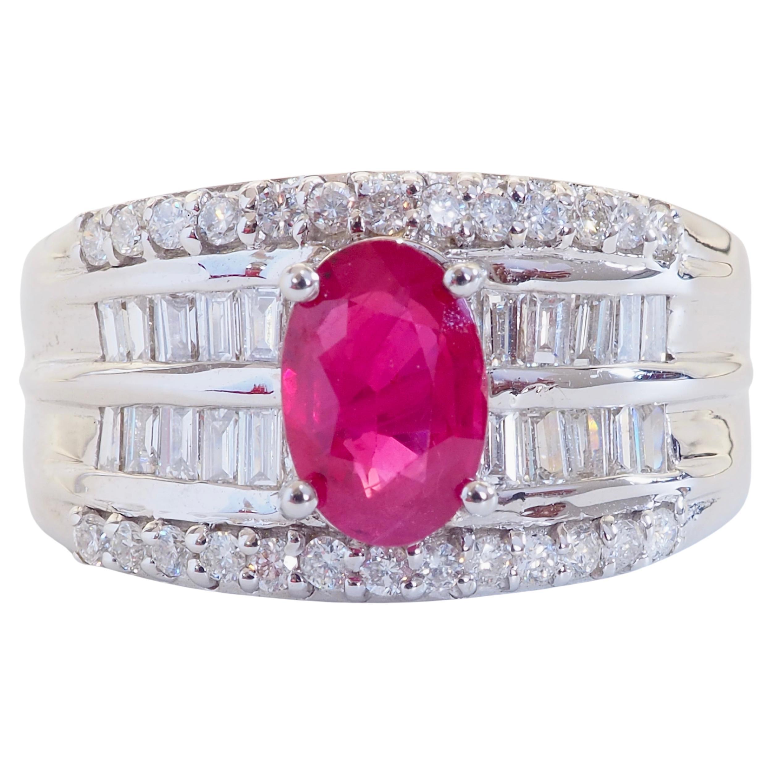 AIGS 18k White Gold 1.26ct Oval Thai Ruby & 0.74ct Diamond Cocktail Band Ring