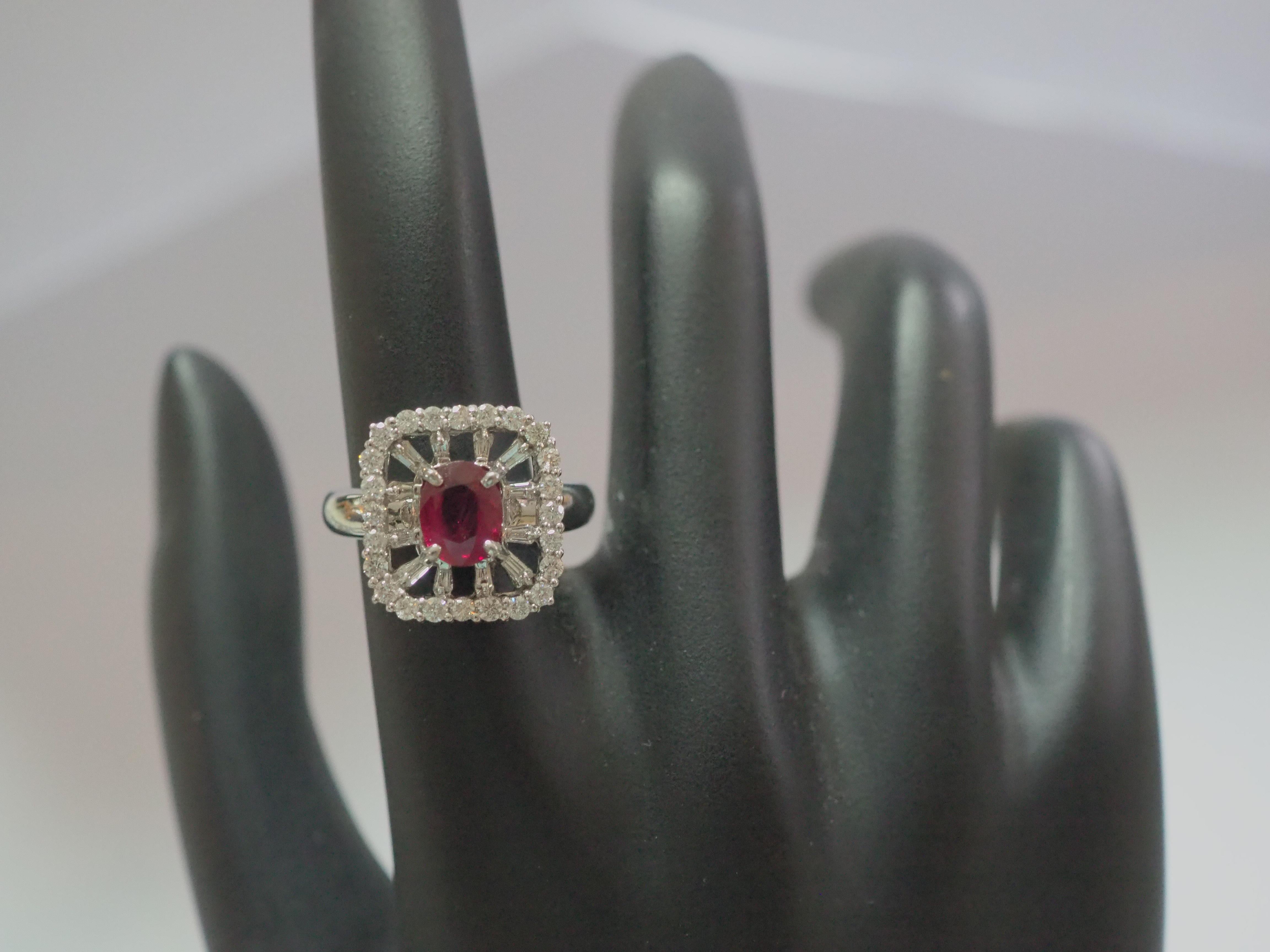 AIGS 18k White Gold 1.28ct Oval Thai Ruby & 0.7ct Diamond Cocktail Ring 5