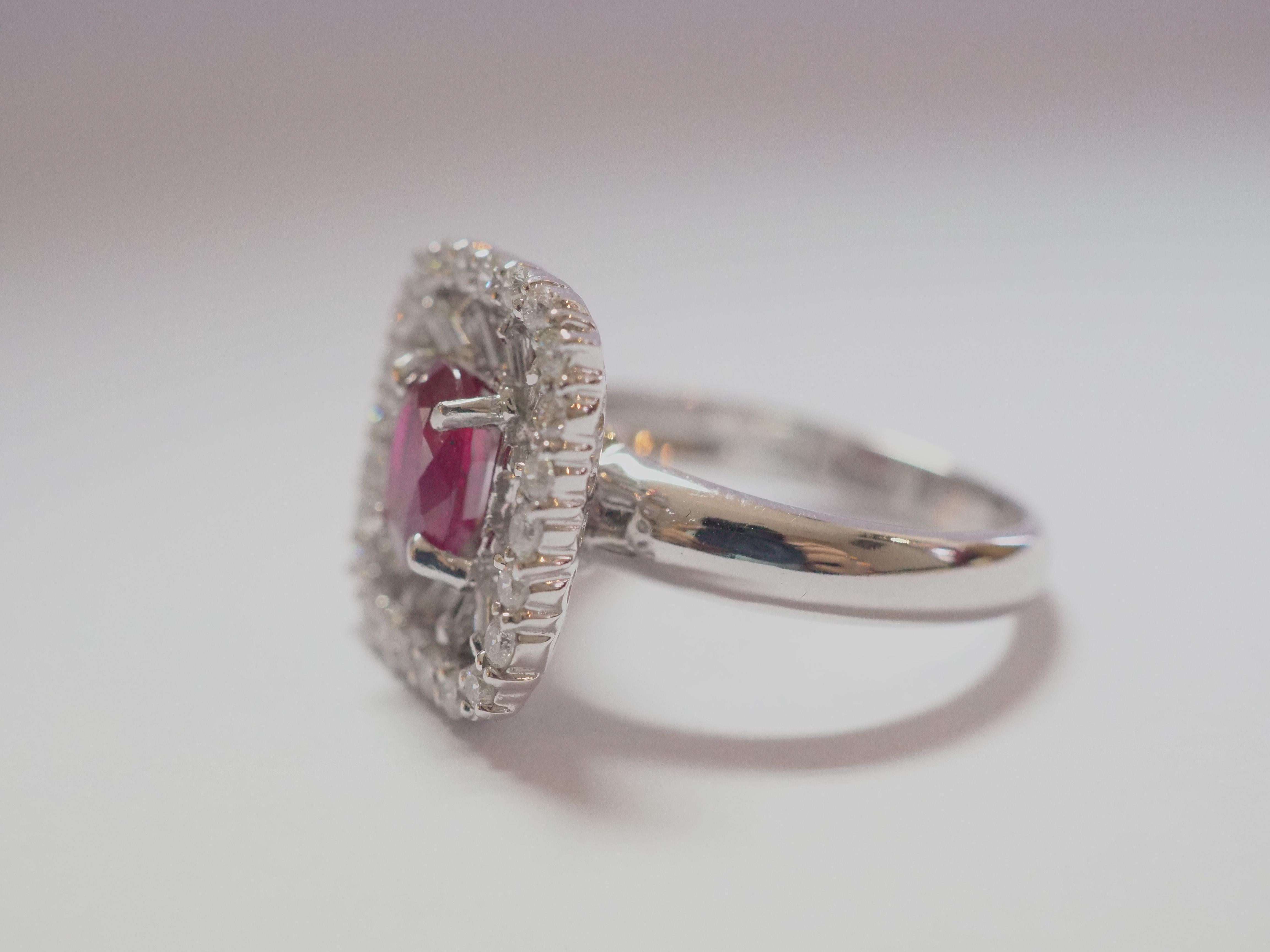 Oval Cut AIGS 18k White Gold 1.28ct Oval Thai Ruby & 0.7ct Diamond Cocktail Ring