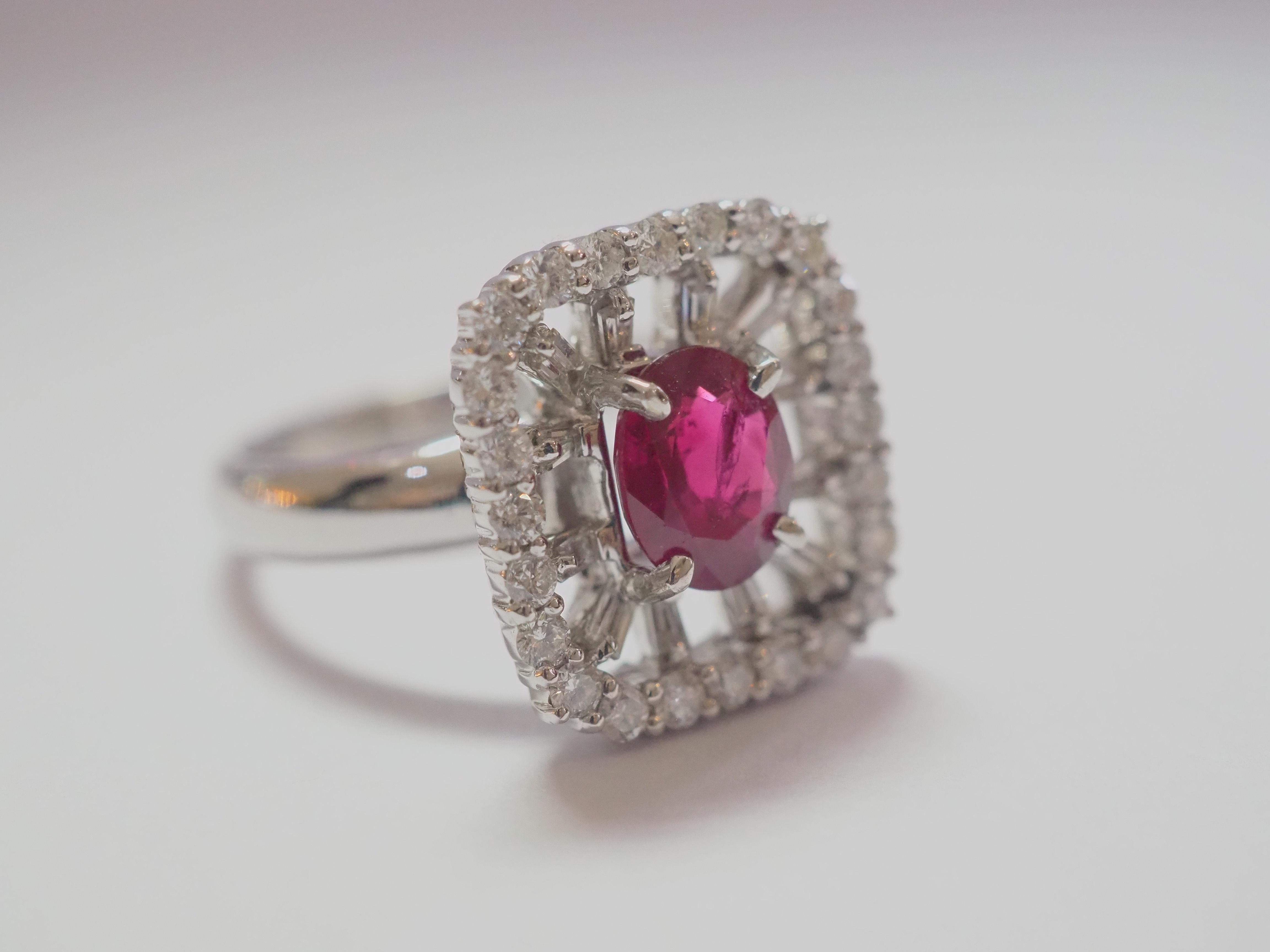 AIGS 18k White Gold 1.28ct Oval Thai Ruby & 0.7ct Diamond Cocktail Ring 2