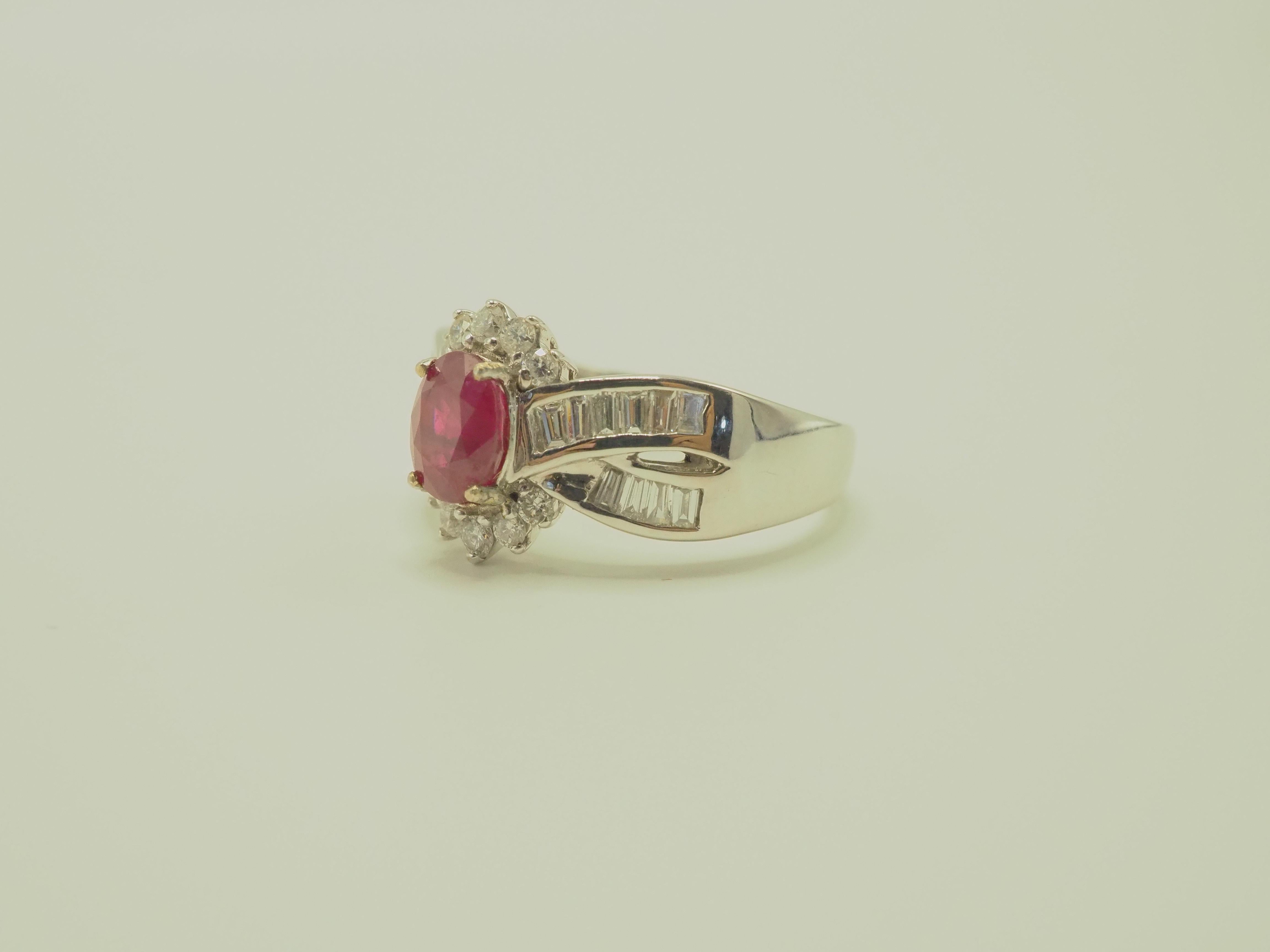 Oval Cut AIGS 18k White Gold 1.39ct Oval Ruby & 0.71ct Diamond Cocktail Ring For Sale