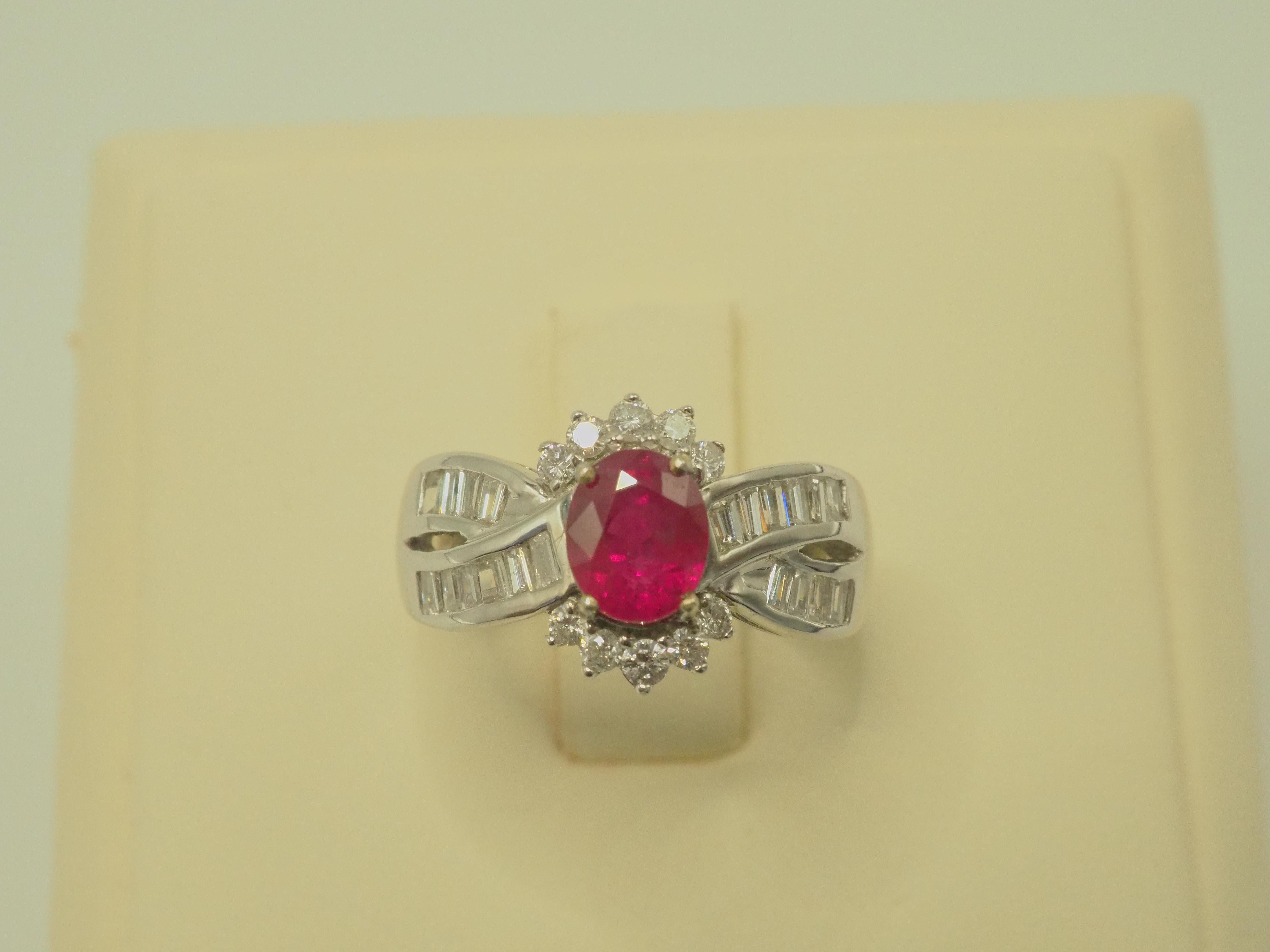 AIGS 18k White Gold 1.39ct Oval Ruby & 0.71ct Diamond Cocktail Ring For Sale 1