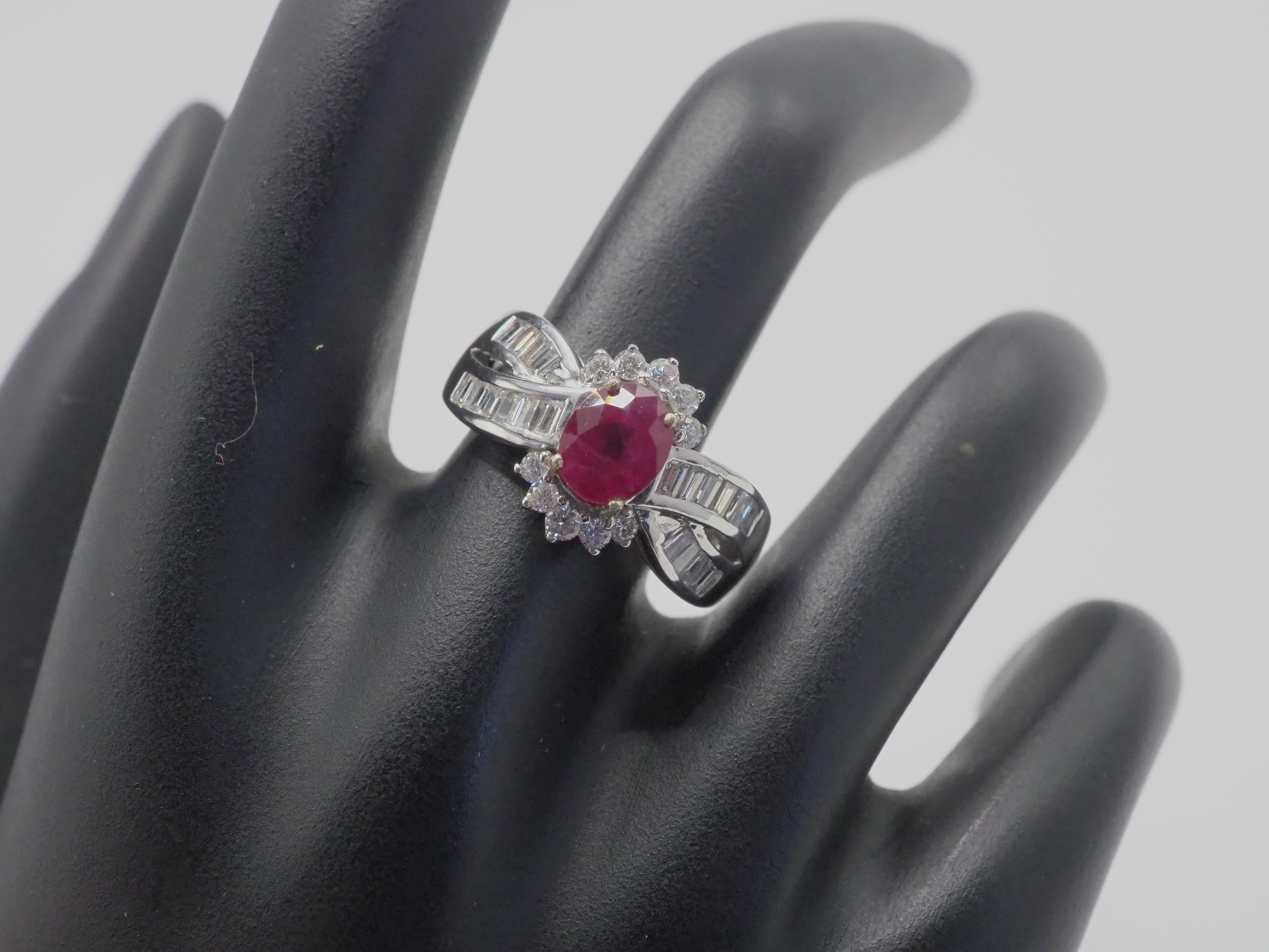 AIGS 18k White Gold 1.39ct Oval Ruby & 0.71ct Diamond Cocktail Ring For Sale 3
