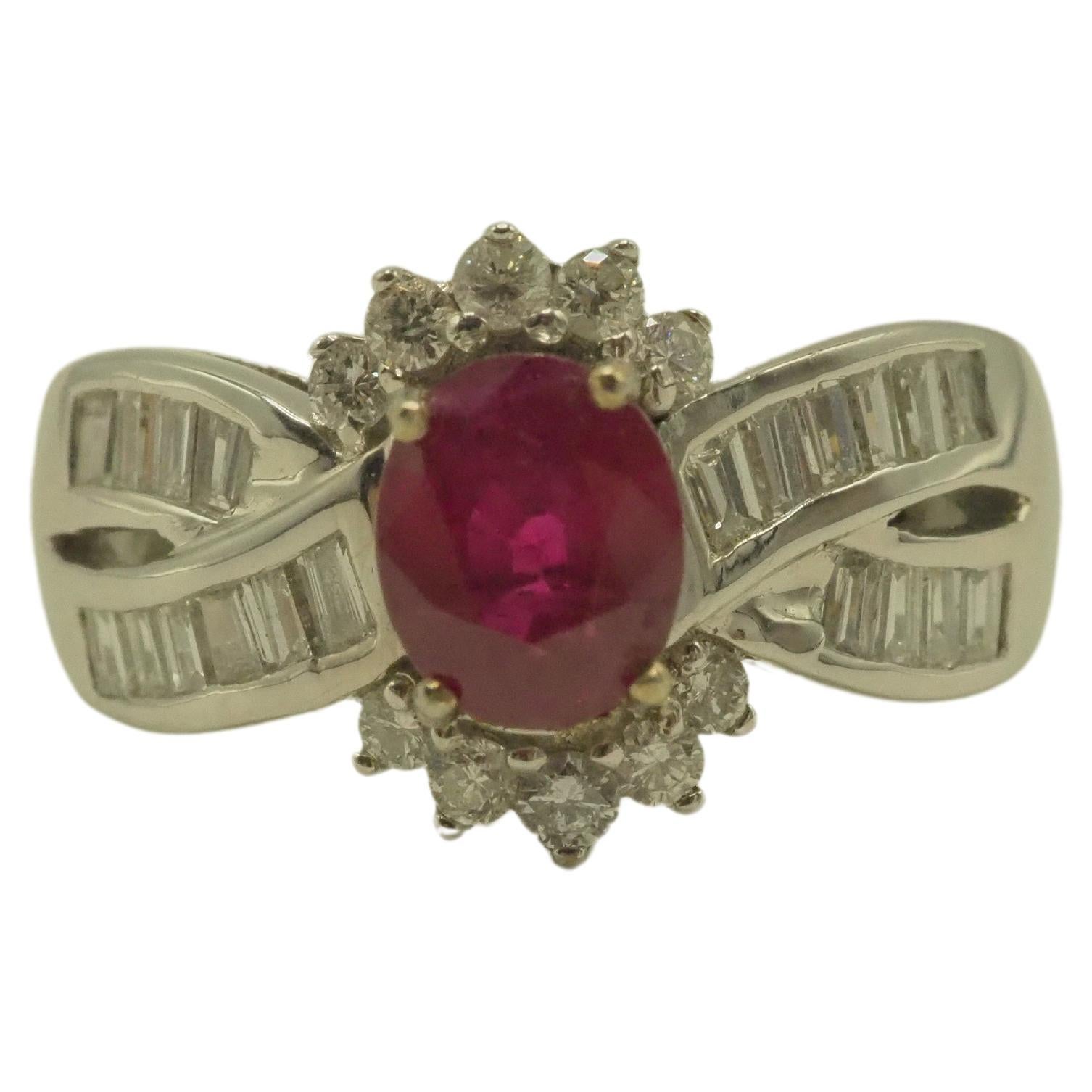 AIGS 18k White Gold 1.39ct Oval Ruby & 0.71ct Diamond Cocktail Ring For Sale