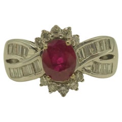 Vintage AIGS 18k White Gold 1.39ct Oval Ruby & 0.71ct Diamond Cocktail Ring