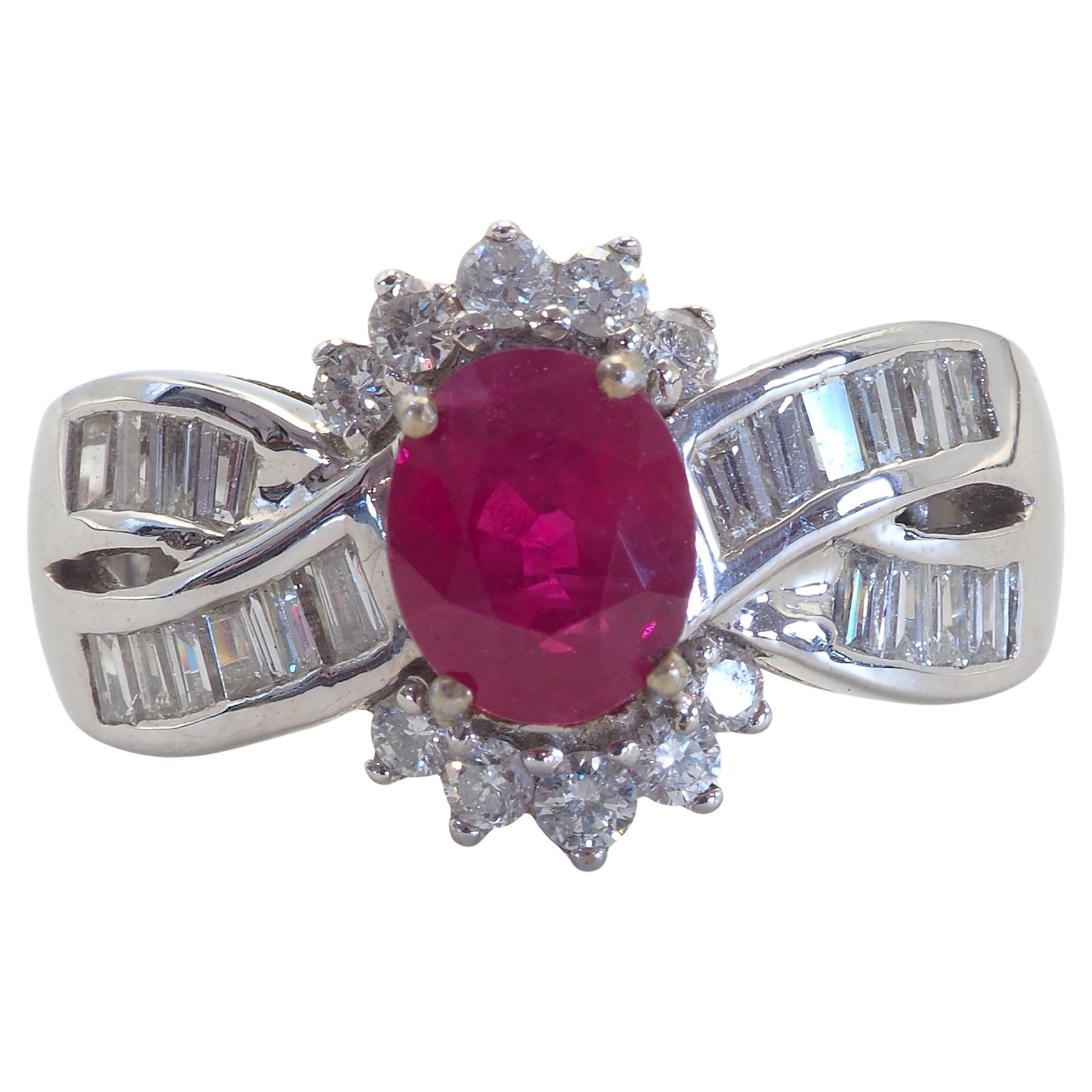 AIGS 18k White Gold 1.39ct Oval Ruby & 0.71ct Diamond Cocktail Ring