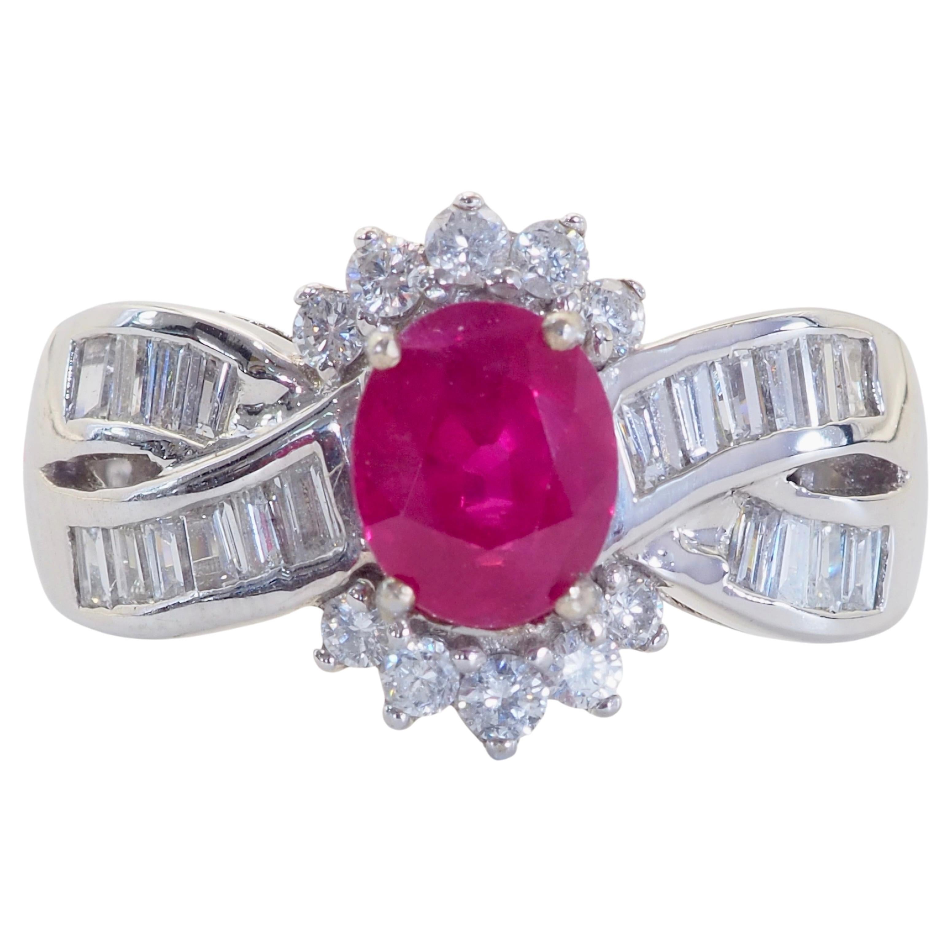 AIGS 18K White Gold 1.39ct Oval Ruby & 0.71ct Diamond Halo Vintage Ring