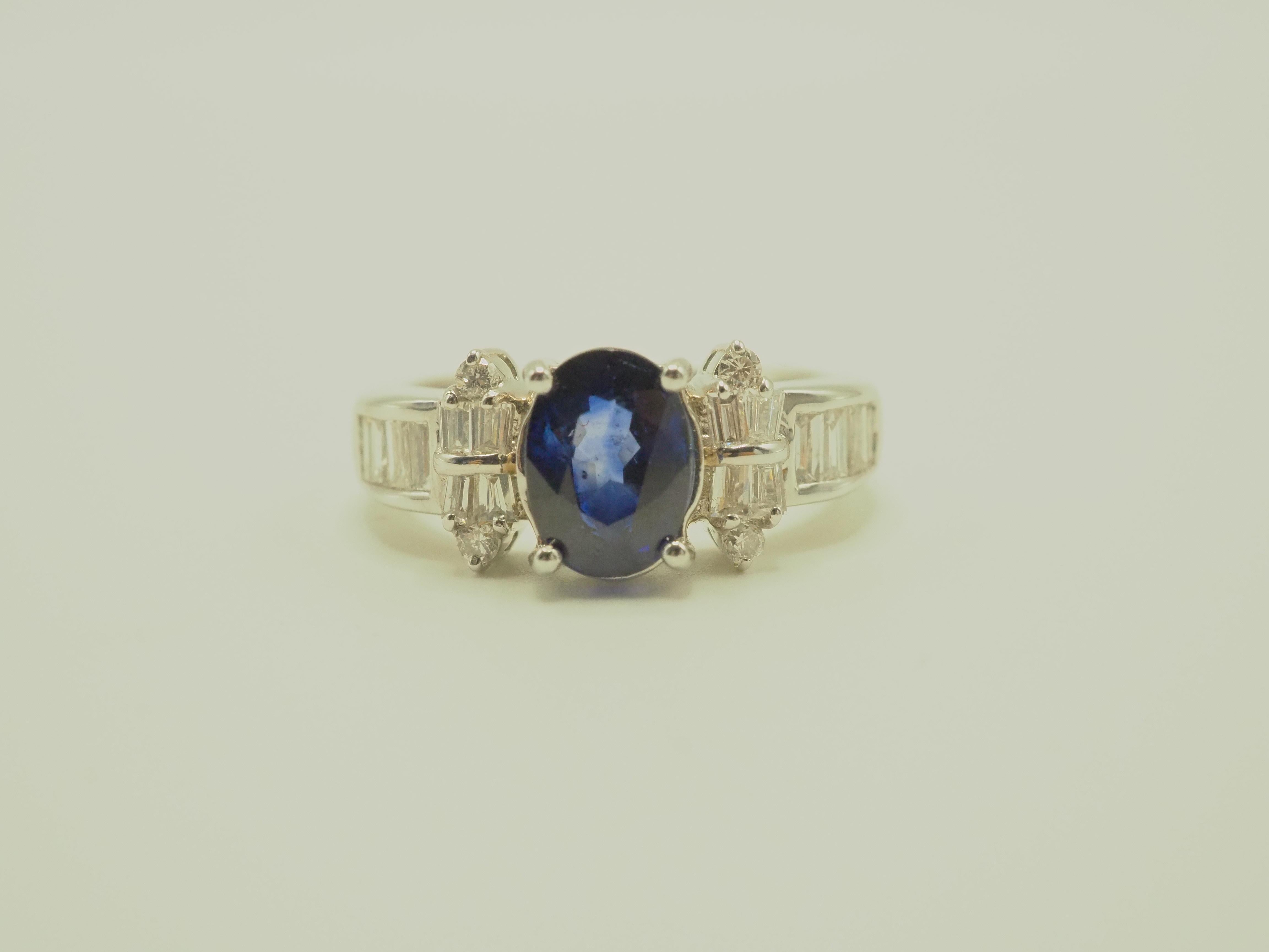Oval Cut AIGS 18K White Gold 2.48ct Blue Sapphire & 0.63ct Diamond Engagement Ring For Sale
