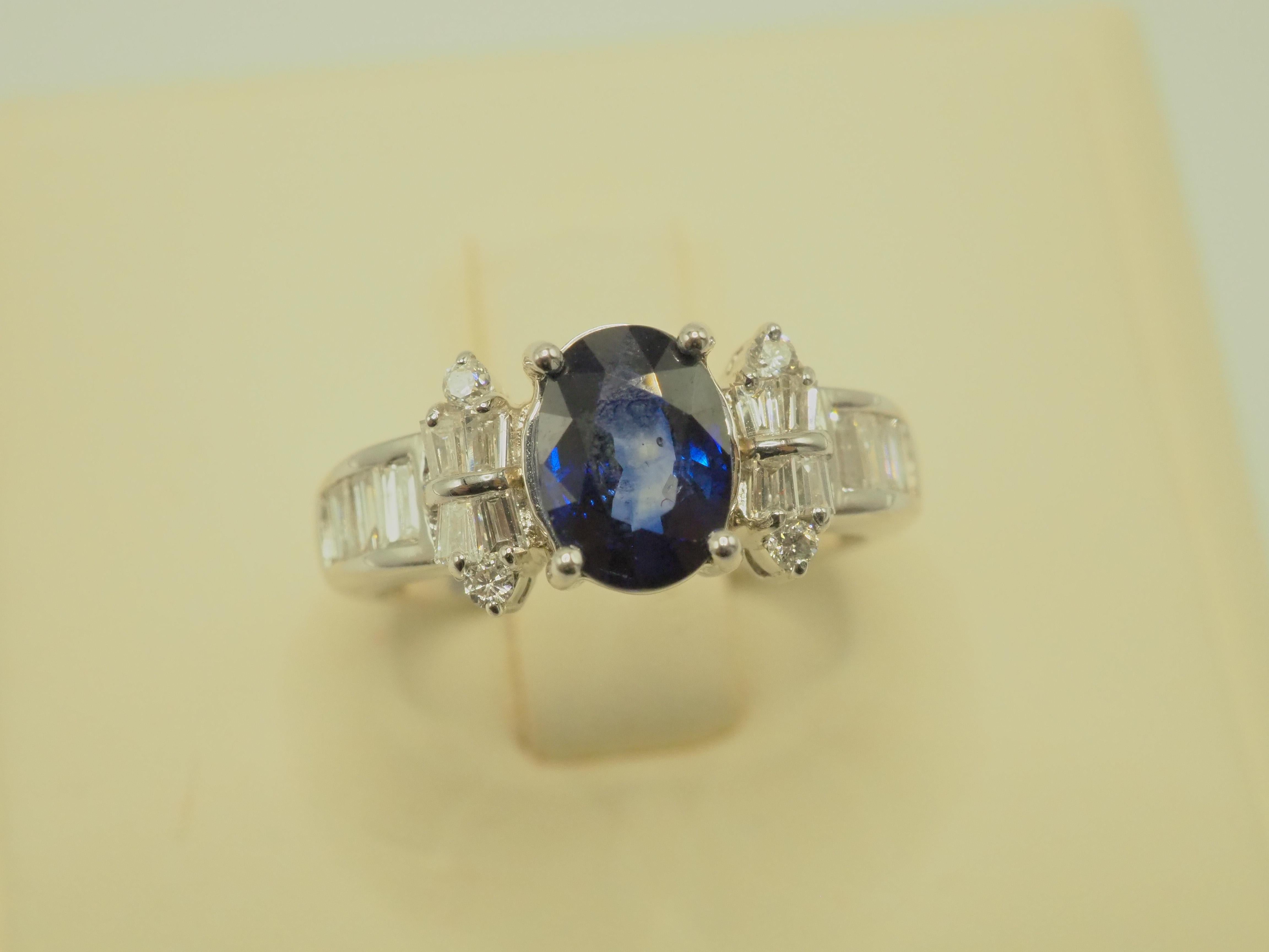 AIGS 18K White Gold 2.48ct Blue Sapphire & 0.63ct Diamond Engagement Ring For Sale 3