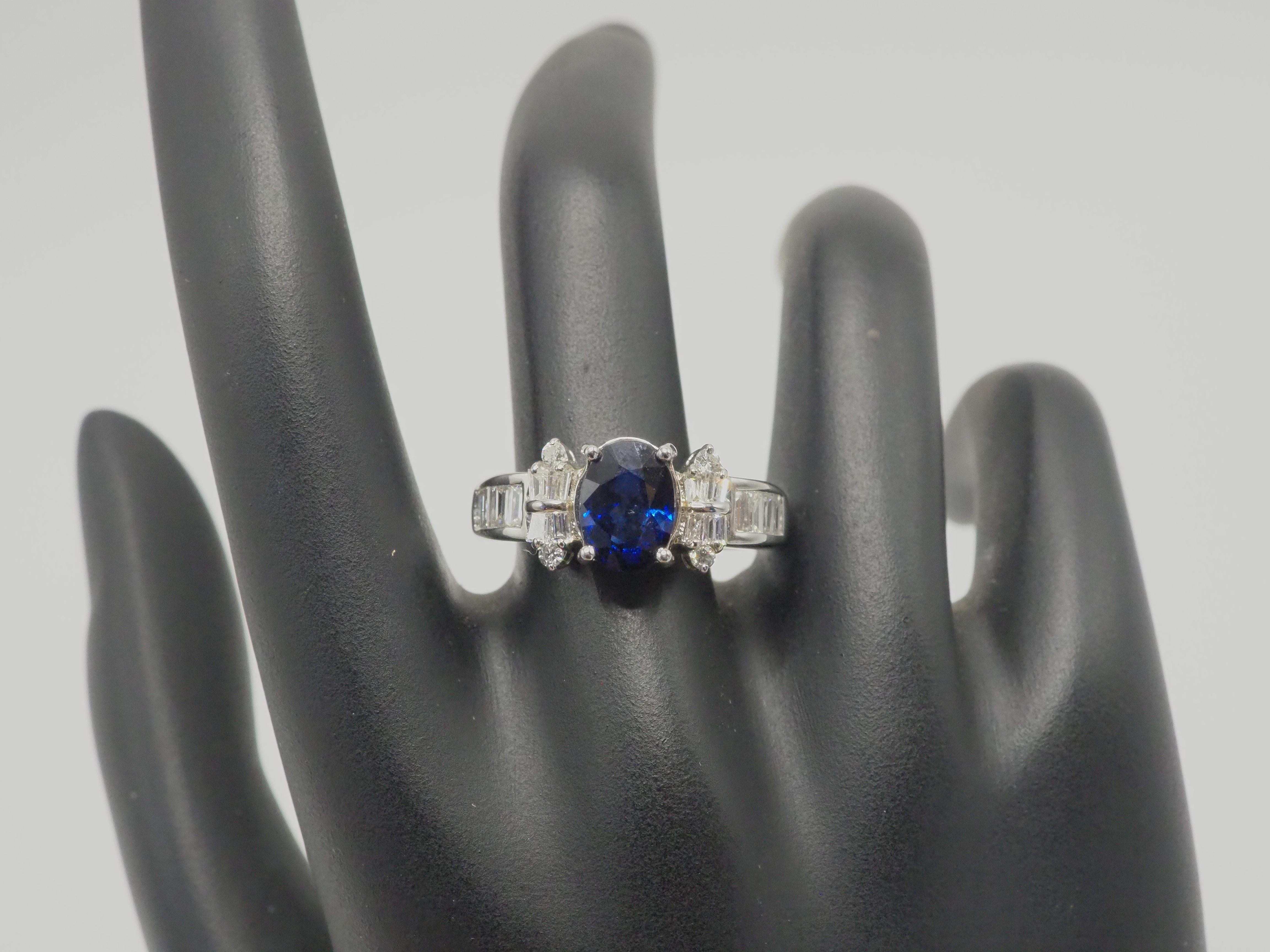 AIGS 18K White Gold 2.48ct Blue Sapphire & 0.63ct Diamond Engagement Ring For Sale 4