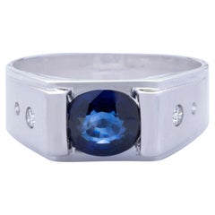AIGS 18k White Gold 2.56ct Blue Sapphire & 0.20ct Diamond Men's Signet Ring