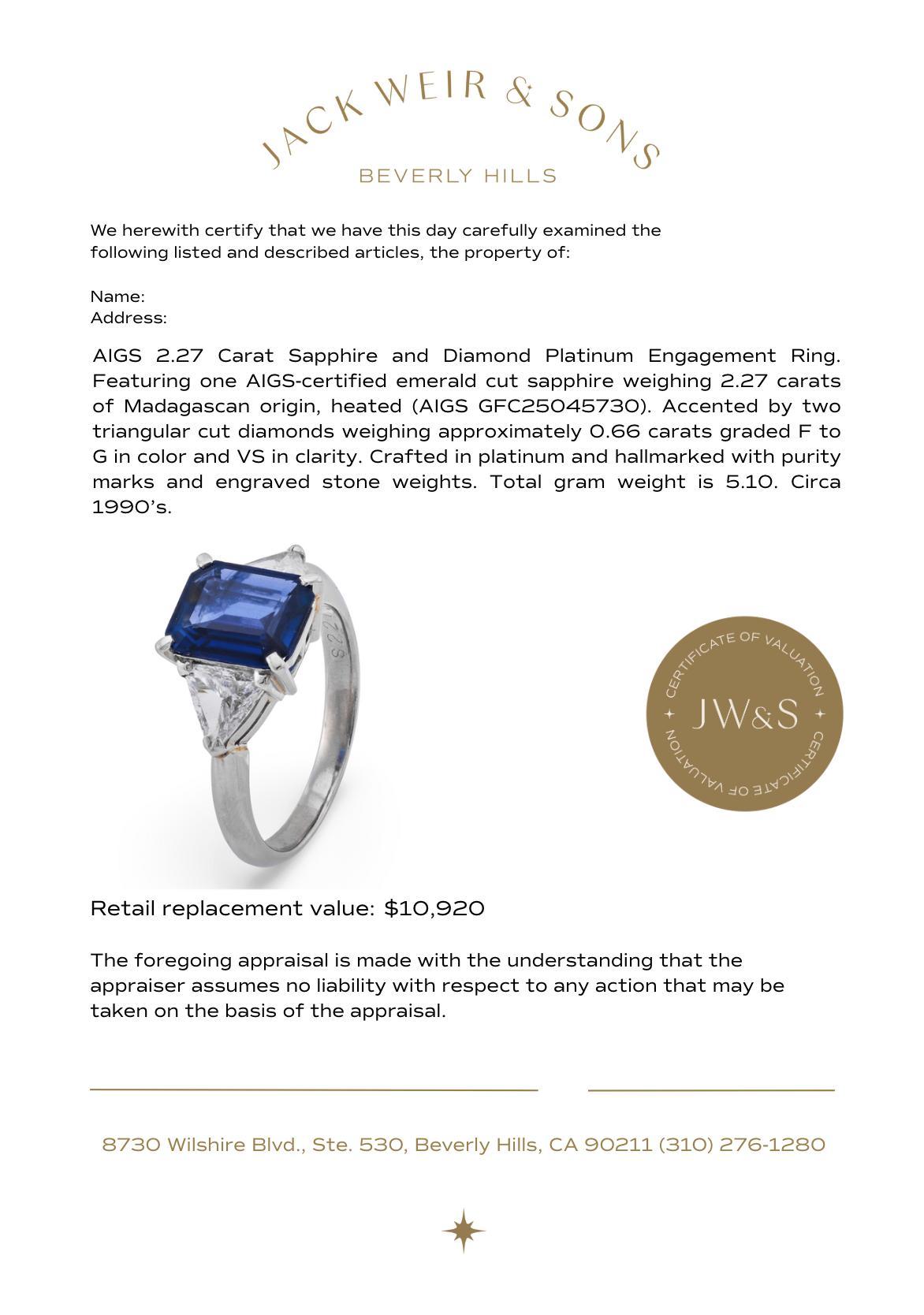 AIGS Bague de fiançailles saphir diamant platine 2,27 carats Pour femmes en vente