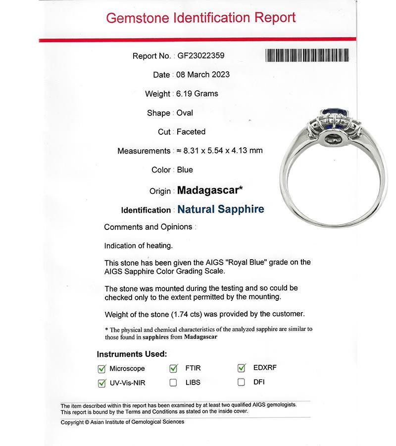 Women's AIGS Certificate 1.74ct Sapphire 0.65ct Diamond Engagement Ring For Sale