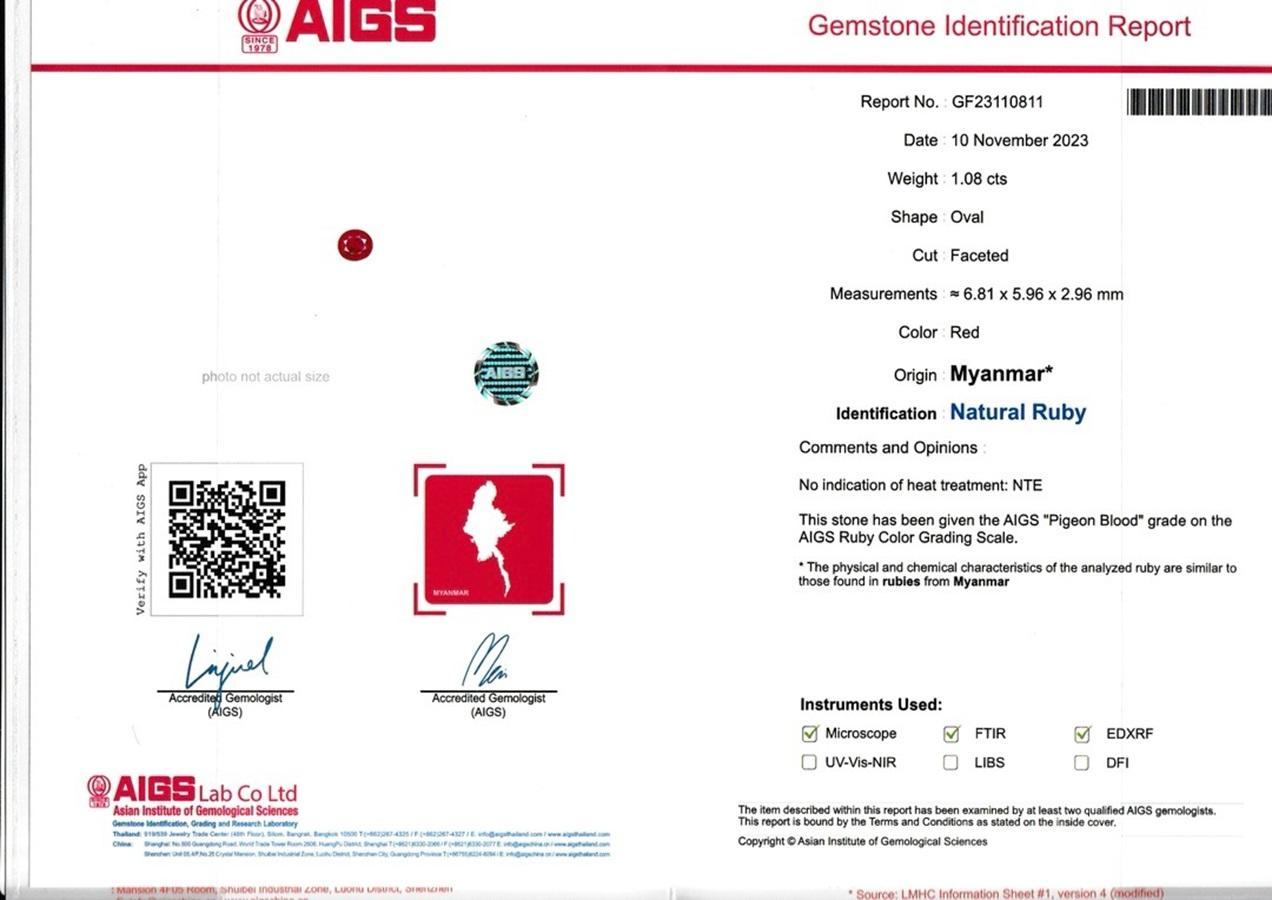 AIGS certificate unheated pigeon blood color burma ruby Myanmar 1.08 carat  4