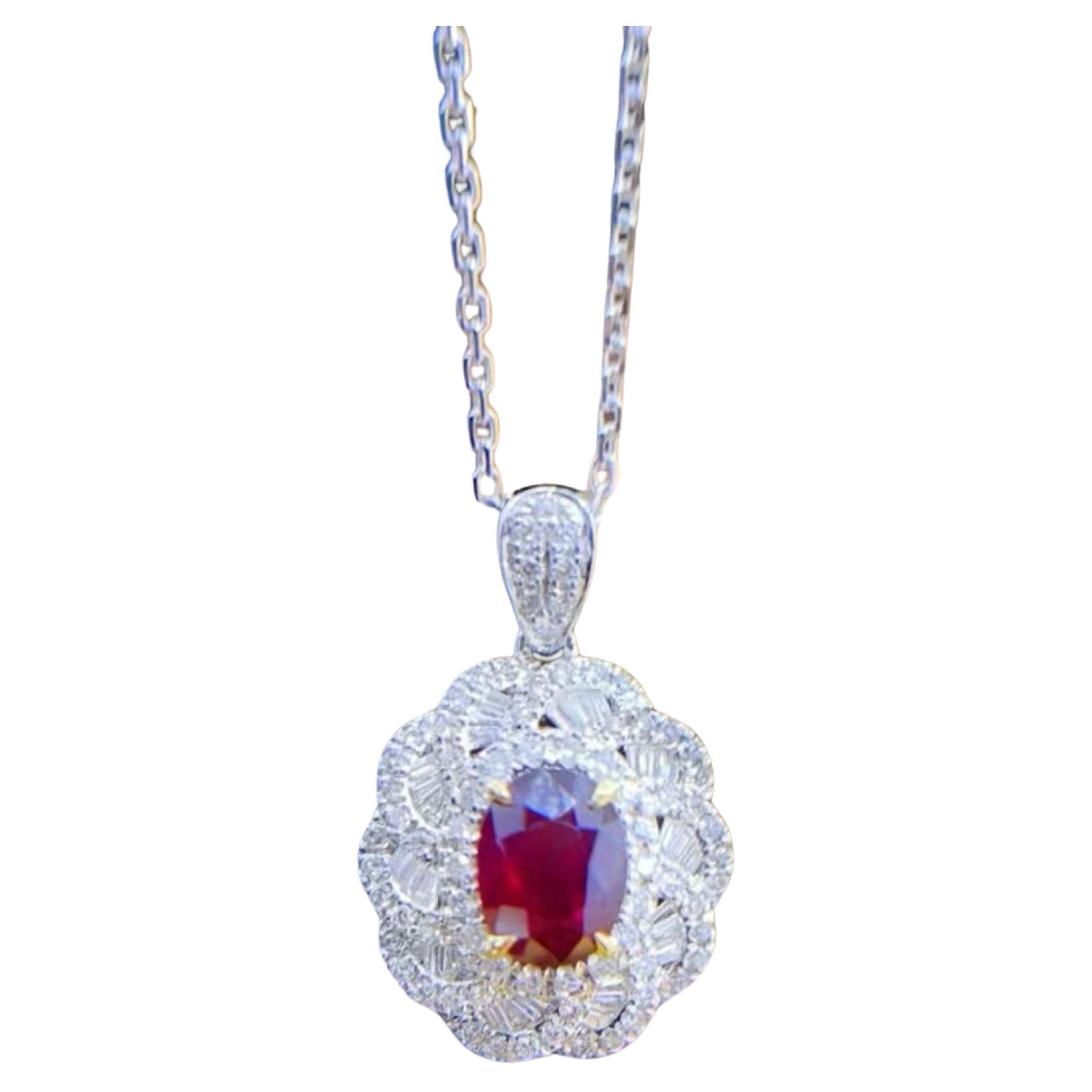 1.03 Carat Unheated Pigeon Blood Ruby Necklace with Baguette Halo