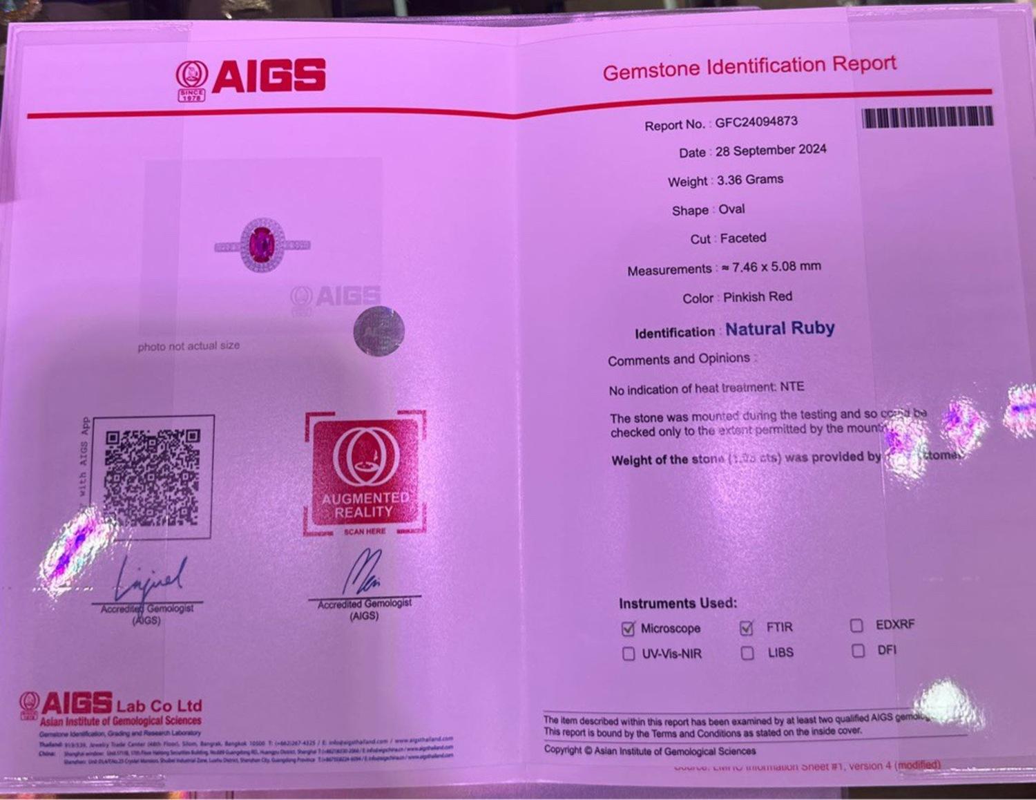 Women's or Men's AIGS Certified 1.05 CT Unheated Ruby 18K White Gold Diamond Ring For Sale