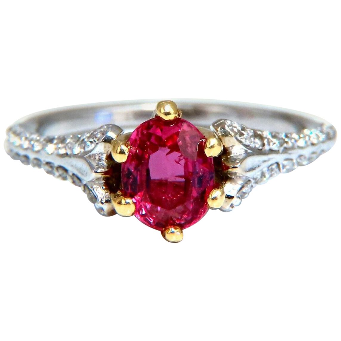AIGS Certified 1.07 Carat Natural Pink No Heat Ruby Diamonds Ring 14 Karat For Sale