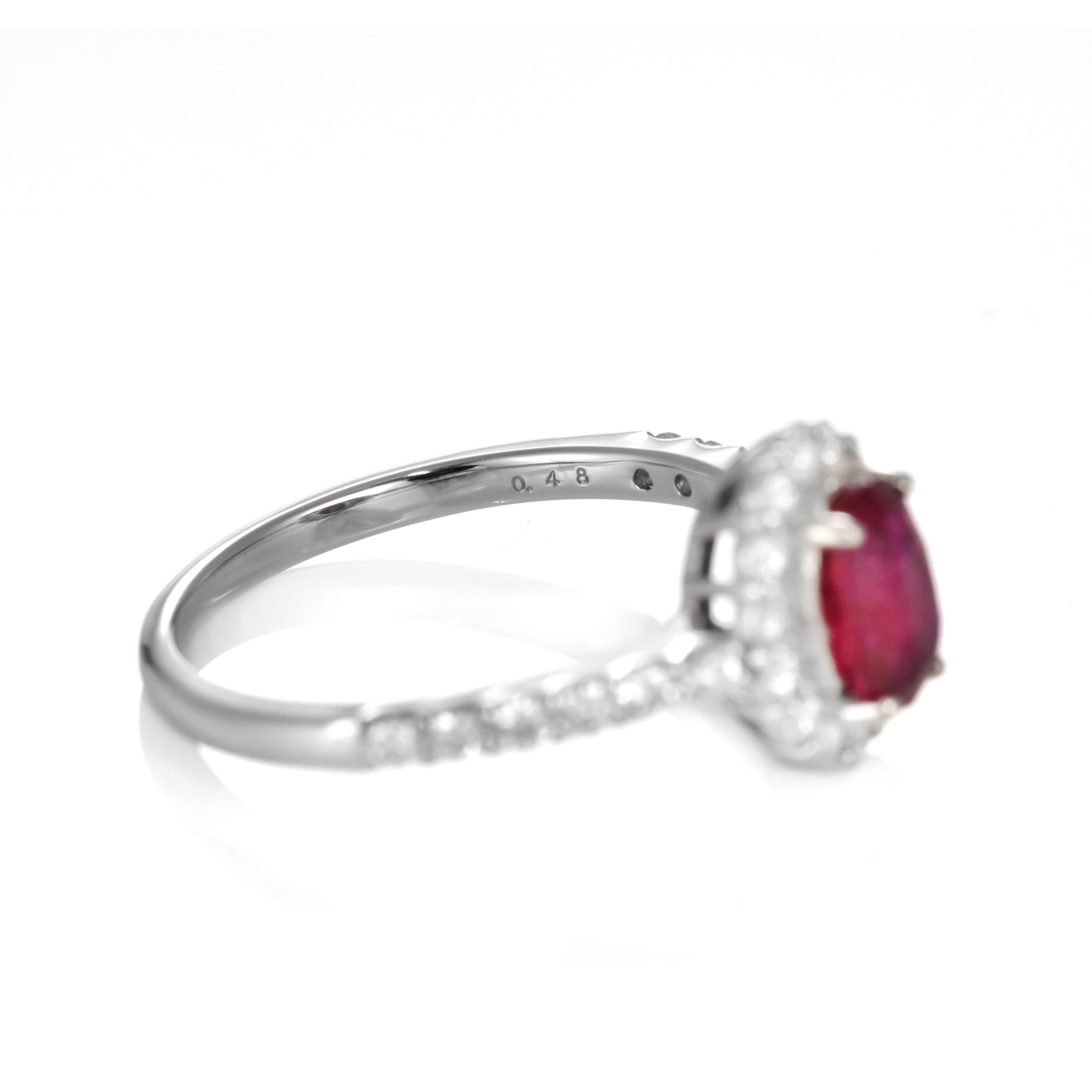 AIGS Certified 1.12 Carat Natural No Heat, Vivid Red Ruby Ring made in Platinum For Sale 1