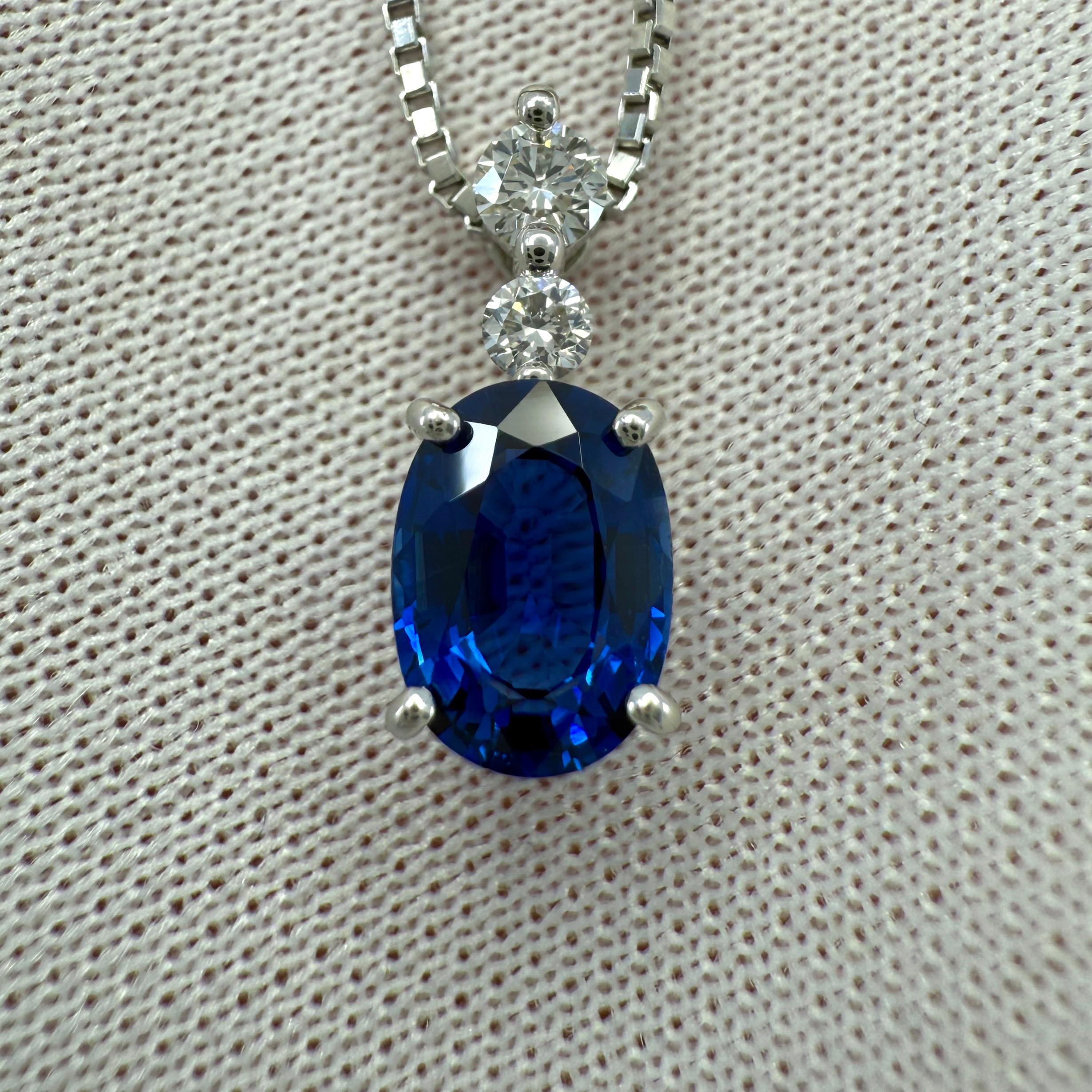 Natural Royal Blue Oval Cut Sapphire & Diamond Platinum Pendant Necklace. 1.17ct total.

1.07 Carat sapphire with a fine royal blue colour and excellent clarity. Very clean stone. VVS.
The sapphire also has a very good oval cut which displays the